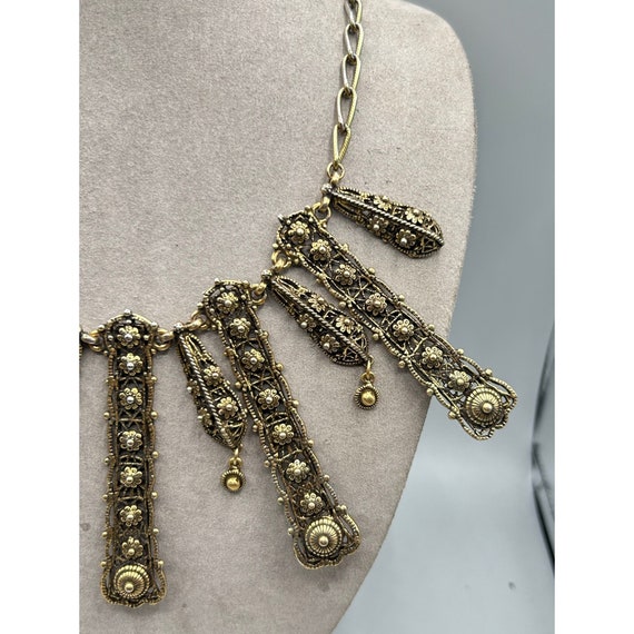 Statement Necklace Antiqued Gold Tone Bib Style E… - image 6