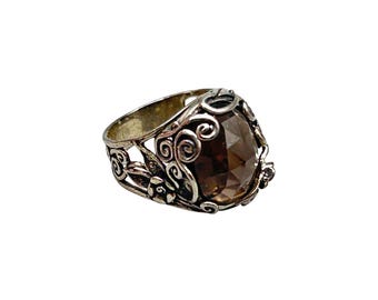 Vintage Smoky Quartz Ring Size 9 Sterling Silver Faceted Stone Swirl Band