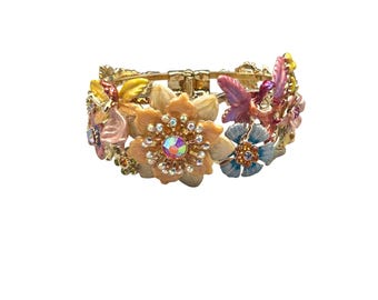 Kirks Folly Garden Fairies Bangle Clamper Bracelet Flowers Butterfly Gold Hinged Cuff