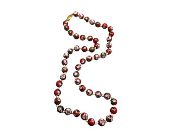 Vintage Red Cloisonne Beaded Necklace Handknotted Small Enamel Floral Beads