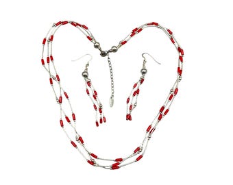 SOUTHWESTERN Liquid Silver And Coral Necklace And Earrings Set Pierced Dangles