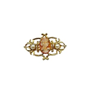 Vintage Petite Cameo Pin Genuine Carved Shell Gold Tone Setting Faux Pearls