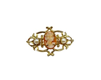 Vintage Petite Cameo Pin Genuine Carved Shell Gold Tone Setting Faux Pearls