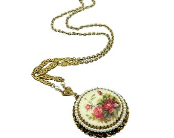 Vintage Unsigned WEST GERMANY Sugared Necklace Pendant Floral Design Round