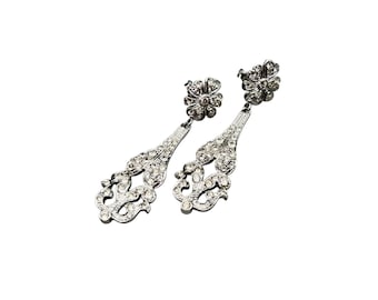 Vintage Rhinestones Earrings Silver Tone Pierced Dangles Drops