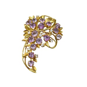 Vintage Gold Tone Pin Brooch With Genuine Amethyst & Quartz Stones