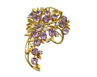Vintage Gold Tone Pin Brooch With Genuine Amethyst & Quartz Stones