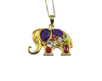 Elephant Necklace Gold Vermeil Sterling SIlver 925 Genuine Semi-Precious Gemstones