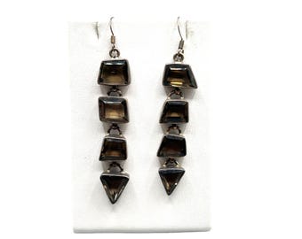 Smokey Topaz Glass Earrings Pierced Dangles Long Geometric Linked Silver 925