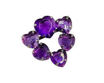 Vintage 90s Silver Tone Pin Brooch with Purple Heart Shaped Acrylic Faceted Gems