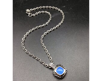 Vintage Two Tones Pendant Necklace Blue Glass Stone Rope Frame Silver Tone Chain