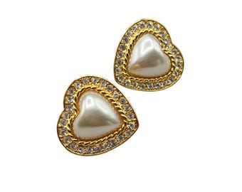 Vintage Heart Shaped Clip On Earrings with Faux Pearl & Rhinestones Signed JS