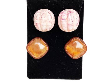 Retro Funky Earrings Collection Lot of 2 Pink and Swirled Apple Juice Clip On