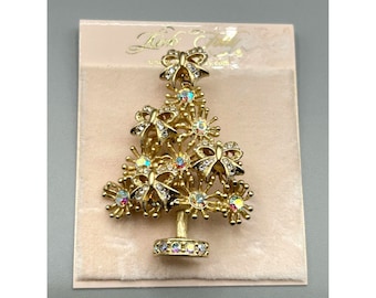 Kirks Folly Christmas Tree Brooch Gold Tone Pin Rhinestones Flowers Bows Ribbons