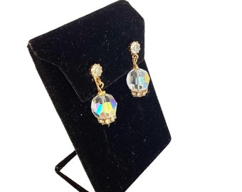 Simple One Bead Ab Crystal Petite Earrings Clip On Glass Dangles Crystal Beads