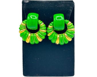 Bright Lime Green Clip On Earrings Door Knockers Dangles Enamel Over Gold Tone