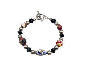 Handcrafted Art Glass Beaded Bracelet Sterling Silver Clasp 7.25" Long