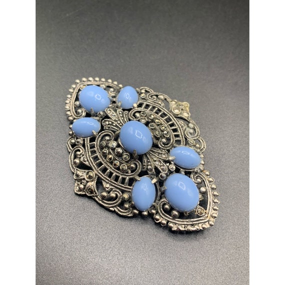 Vintage brooch Blue Glass Cabochons and marcasite… - image 2