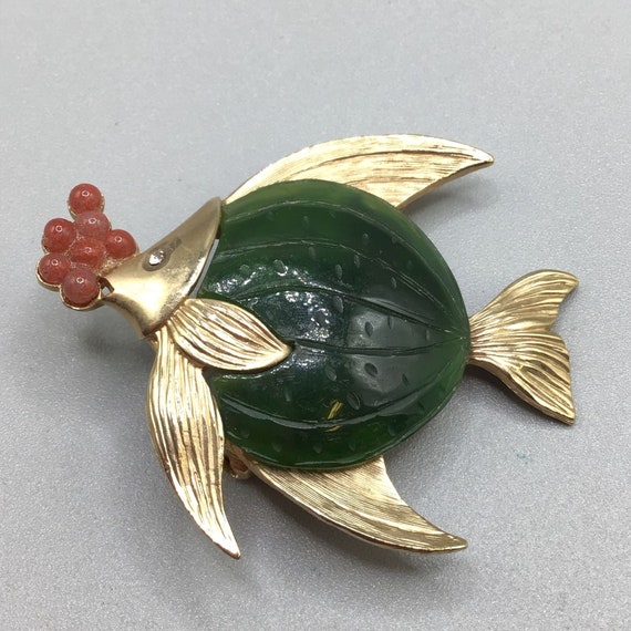 Puffy Fish Brooch Green Semi Precious Stone Gold … - image 2