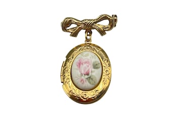 Floral Locket Pin Brooch Vintage Gold Tone Photo Holder Keepsake Locket on Bow Brooch
