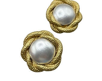 Huge Oversized Earrings Clip On Faux Pearls Hand Crafted Designer Signed Clips