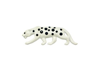 Vintage KJL Signed White Enamel Cheetah Pin Brooch Black Rhinestones Wild Cat