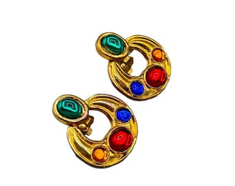 Vintage Gold Tone Clip On Earrings Door Knockers Multicolor Acrylic Cabochons