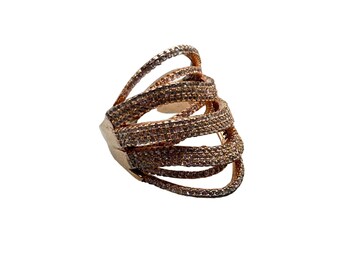 Rose Gold Over Sterling Silver Ring Size 8 CZ Pave Layered Free Form Design