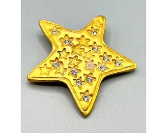 Vintage Matte Gold Tone Star Brooch Rhinestones Accents 80s 90s Fun Jewelry