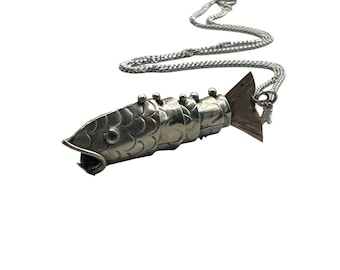 Articulated Fish Necklace Silver Tone Vintage Animal Figural Sardine Fish Pendant