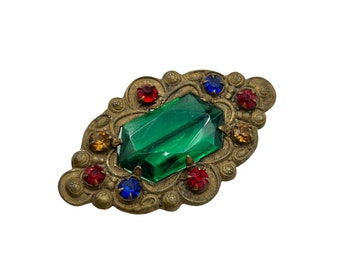 Vintage Antique Pin Brooch Green Glass Stone Colored Rhinestones Possibly Czech