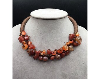 Vintage Textile Necklace Brown Thread & Cluster Carnelian Stones Handcrafted