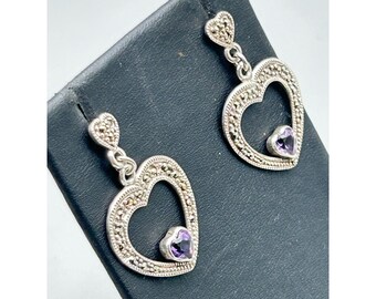 Boucles D'oreilles Pendantes Cœur En Verre Améthyste & Marcassite - Argent 925 - Neuf