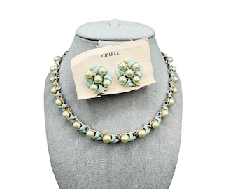 Vintage CHAREL Necklace And earrings Set Teal Blue Enamel And Plastic Pearls