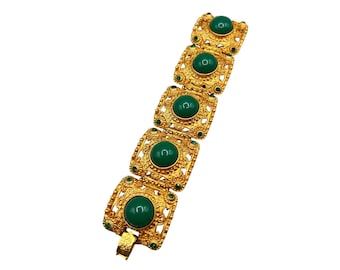 Vintage Wide Gold Tone Bracelet With Green Rhinestones And Cabochons