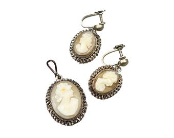 Vintage Hand Carved Cameo Earrings + Pendant Screw Back Dangles Sterling Silver