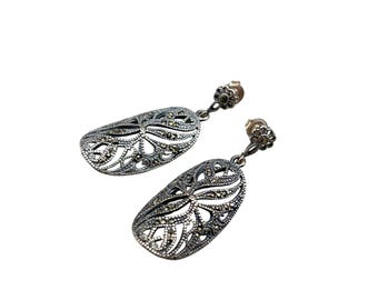 Elaborated Marcasites Earrings Pierced Drops Sterling Silver 925 Elegant Intricate Design