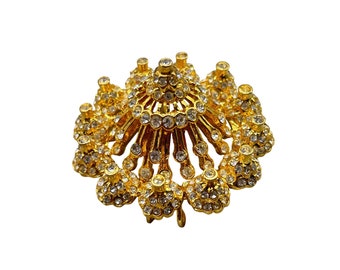 Statement Brooch Gold Tone Clear Rhinestones High Domed Layered Pin and Pendant