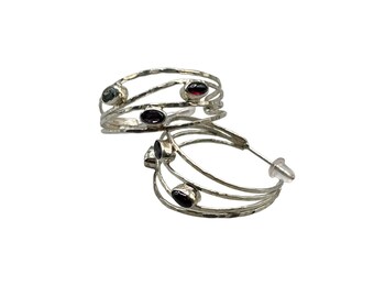 Sterling Silver & Semi Precious Stone Earrings Pierced Hoops Openwork Textured