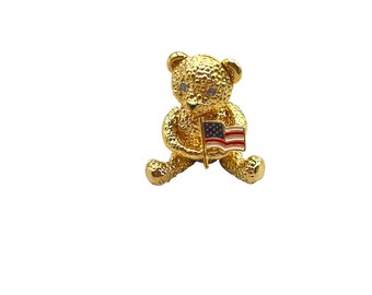 Vtg Napier Patriotic Teddy Bear Brooch Pin Gold Tone Articulated USA Flag