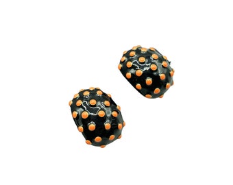 Vintage Joan Rivers Clip On Earrings Black Enamel Orange Polka Dots Domed Clips