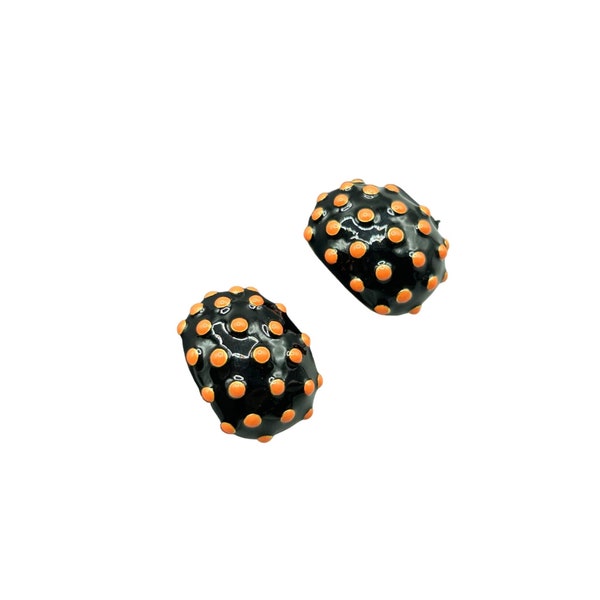 Vintage Joan Rivers Clip On Earrings Black Enamel Orange Polka Dots Domed Clips