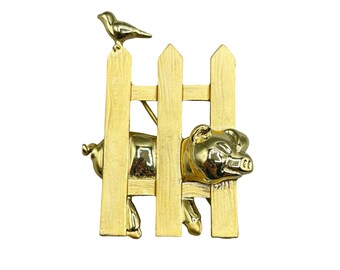 Vintage Matte Shiny Gold Tone AJC Pin Brooch Pig Stuck in Fence Bird On Picket