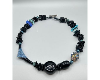 One of a Kind Necklace Handcrafted Specialty Beads Blue Tones Beaded Jewelry