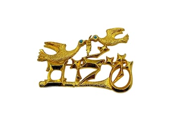 Signed Chaim Gross Peace Doves Pin Brooch Gold Tone & Turquoise Ballotini Eyes