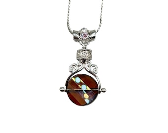 Spinning Bead Pendant Necklace Silver Tone Topaz Glass and Pink Rhinestone