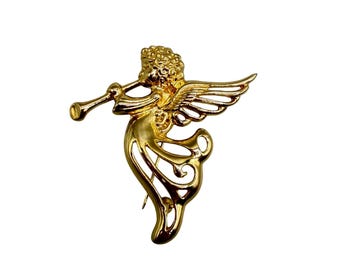 Cherub Angel Pin Brooch With Trumpet Gold Tone Vintage