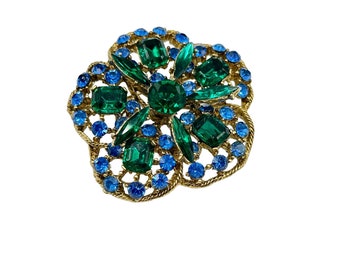 Vintage Rhinestone Pin Brooch Blue Green Flower Gold Tone Setting Layered Design