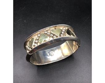 Vintage Sterling Silver Hinged Bangle Bracelet Mexico 925 Gold Overlay Hearts