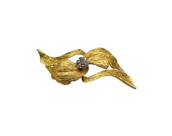 Vintage 18K Italy Gold & Sapphires Pin Brooch Artisan Yellow Gold Bow w Flower
